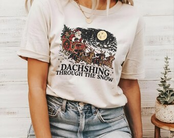 Dachshing Through The Snow T-shirt, Dachshund Christmas Tee, Cute Wiener Dog Lover Gift, Funny Santa Sleigh Holiday Shirt