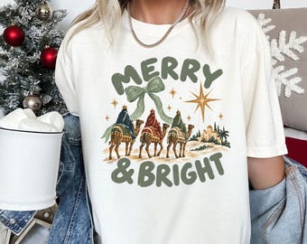 Three Kings Christian Christmas Shirt, Merry And Bright Wise Men Comfort Colors© Tee, Gildan Religious Shirt