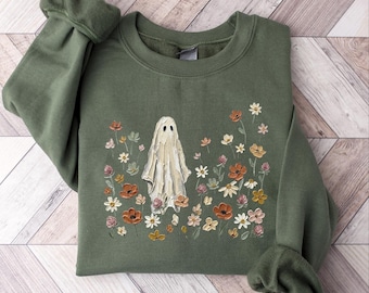 Vintage Wildflower Ghost Sweatshirt, Spooky Floral Halloween Crewneck, Botanical Fall Top, Cottagecore Ghost Gift