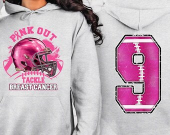 Personalized Breast Cancer Football Hoodie, Pink Out Game Day Pullover, Pink Ribbon Football Season Hooded Top, Custom Number Cancer Fighter