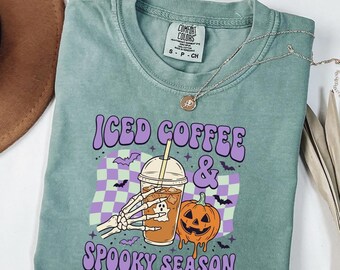 Iced Coffee And Spooky Season Shirt, Retro Halloween Pumpkin Tee, Preppy Ghost Coffee Comfort Colors© Shirt, Cute Fall Aesthetic T-Shirt