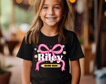 Coquette Back To School Shirt for Girl, Toddler Girl First Day Of School Tee, Kids Name Back To School Gifts, 1st Day Of First Grade Shirt
