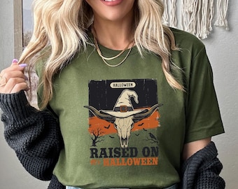 Retro 90s Halloween T-Shirt, Western Skull With Witch Hat Tee, Vintage Spooky Cowgirl Skull Shirt, Fall Festival Graphic Top