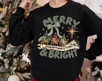 Three Kings Christian Christmas Sweatshirt, Merry And Bright Wise Men Sweater, Gildan Religious Sweatshirt, Nativity Holiday Apparel