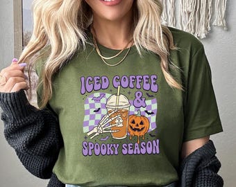 Iced Coffee And Spooky Season Shirt, Retro Halloween Pumpkin Tee, Preppy Ghost Coffee Shirt, Cute Fall Aesthetic T-Shirt