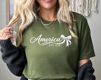 Retro America Bow Shirt, Vintage 4th of July Coquette Tee, Independence Day Clothing, Cute USA Girl Patriotic Summer Tshirt
