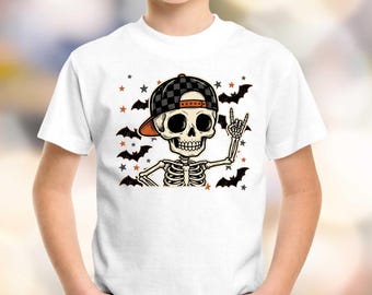 Youth Skeleton Halloween Shirt, Boy Checker Hat Skull Tee, Funny Spooky Season TShirt, Retro Halloween Apparel, Kids Skull Lover Gift