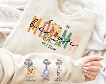 Personalized Mama Bear Sweatshirt with Names on Sleeve, Custom Hunny Bear Est 2026 Shirt, Sand Motherhood Crewneck, First Mothers Day Gift