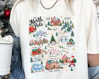 Vintage North Pole Village T-Shirt, Christmas Map Tee, Cute Santa Claus Workshop Shirt, Retro Holiday Graphic Tee, Comfort Colors© Shirt