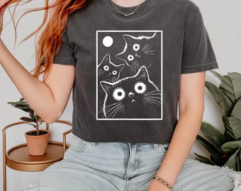 Comfort Colors® Vintage Black Cat Moon Graphic T-Shirt, Spooky Gothic Cat Art Tee