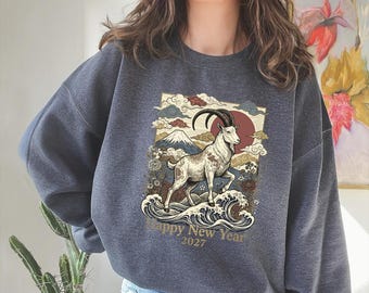 Zodiac Goat Illustration Sweatshirt, 2027 Chinese New Year Jumper, Lunar Year Goat Sweater, Asian Art Mountain Sweater, Year of the Goat