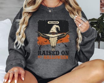 Retro 90s Halloween Sweatshirt, Western Skull With Witch Hat Crewneck, Vintage Spooky Cowgirl Skull Sweater, Fall Festival Graphic Top