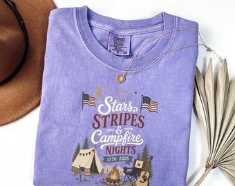 Retro 1776 2026 America Shirt, Patriotic Campfire Graphic Comfort Colors© Tee, Vintage US Flag Camping T-shirt, Cool Semiquincentennial