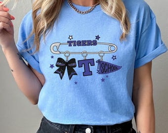 Custom School Mascot Bow T-Shirt, Safety Pin Varsity Tee, Personalized Eagles Team Shirt, Coquette Sports Apparel