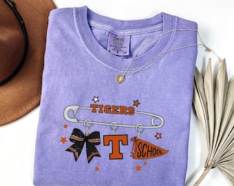 Custom School Mascot Bow T-Shirt, Safety Pin Varsity Tee, Personalized Eagles Team Shirt, Coquette Sports Apparel