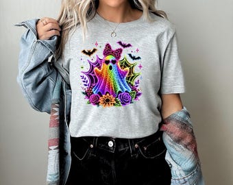 Leopard Ghost Shirt, Neon Rainbow Ghost Tee, Colorful Spooky Season Top, Cute Halloween Apparel