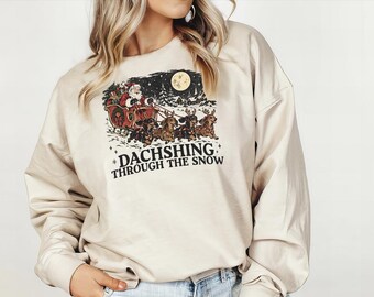 Dachshing Through The Snow Sweatshirt, Dachshund Christmas Crewneck, Funny Wiener Dog Holiday Gift, Cute Santa Puppy Sweater