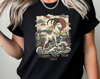 Zodiac Goat Illustration Shirt, 2027 Chinese New Year Tee, Lunar Year Goat Top, Asian Art Mountain Shirt, Year of the Goat Tee, Japanese Art
