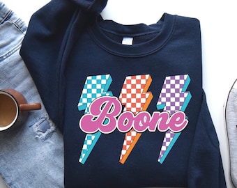 Boone Lightning Bolt Sweatshirt, Retro 80s Checkered Crewneck, Colorful Vintage Graphic Top