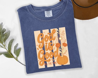 Christian Fall Shirt, God Is Good TShirt, Autumn Pumpkin Floral Comfort Colors© Tee, Faith Bible Verse Apparel, Religious Fall Cross Clothes