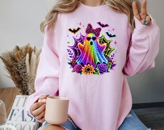 Leopard Ghost Sweatshirt, Neon Rainbow Ghost Crewneck, Colorful Spooky Season Top, Cute Halloween Apparel