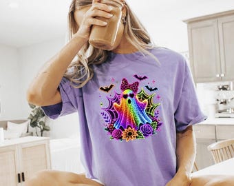 Leopard Ghost Shirt, Neon Rainbow Ghost Comfort Colors© Tee, Colorful Spooky Season Top, Cute Halloween Apparel