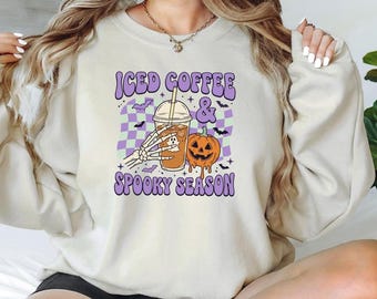Iced Coffee And Spooky Season Sweatshirt, Retro Halloween Pumpkin Crewneck, Preppy Ghost Coffee Sweater, Cute Fall Aesthetic Top