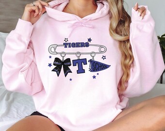 Custom School Mascot Bow Hoodie, Safety Pin Varsity Pullover, Personalized Eagles Team Hoodie, Coquette Sports Apparel