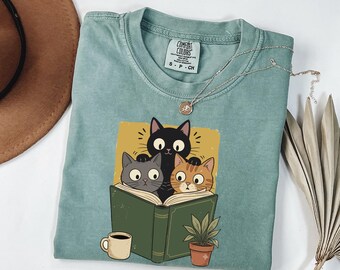 Reading Cat Comfort Colors© Shirt, Book Lover Gift, Cottagecore Cat Tee, Funny Cat Reading, Librarian T-Shirt