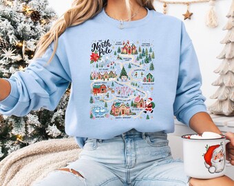 Vintage North Pole Village Sweatshirt, Christmas Map Sweater, Cute Santa Claus Workshop Top, Retro Holiday Graphic Top