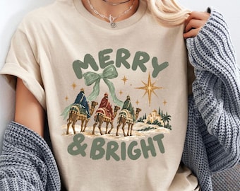 Three Kings Christian Christmas Shirt, Merry And Bright Wise Men Tee, Gildan Religious Shirt, Holiday Apparel