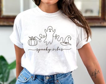 Spooky Vibes Halloween Comfort Colors© Shirt, Line Art Ghost Pumpkin Tee, Cute Witch Hat Top, Autumn Gift