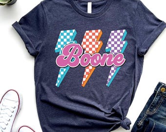 Boone Lightning Bolt Shirt, Retro 80s Checkered Graphic Tee, Vintage Aesthetic Top