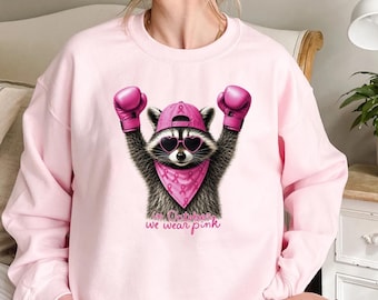 In October We Wear Pink Sweatshirt, Raccoon Boxing Gloves Pullover, Breast Cancer Awareness Gift, Vintage Ribbon Apparel