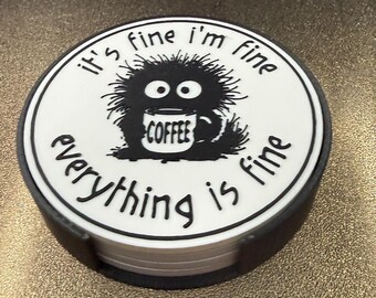 Funny Coffee Coaster Set with Holder: 'It's Fine' Sarcastic Gift