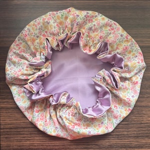 Floral Purple Satin Hair Bonnet, Adjustable Large Handmade Protective Hair Care for all Hair Types