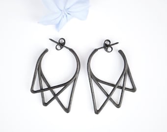 Geometric Black Earrings | Minimalist Silver Earrings | Black Drop Triangle Earrings | Gift for her