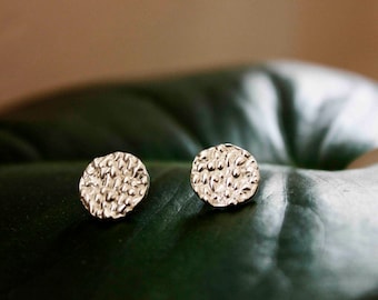 May include: A pair of silver stud earrings. Each earring is round with a textured, hammered surface. The earrings are displayed on a dark green leaf, with a blurred brown background.