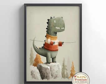 Pôster de berçário de dinossauro, impressão de escalada de T-Rex, arte de parede digital colorida de T-Rex, arte de suéter de dinossauro, arte para impressão de quarto de bebê