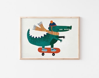 Póster de cocodrilo patinador, arte de pared kawaii para guardería, monopatín de cocodrilo imprimible, descarga digital para niños, arte de cocodrilo montando