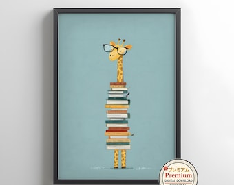 Giraffe Book Stack Nursery Art Print, Kids Reading Poster (Digital Download)