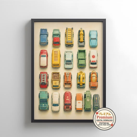 Vintage Toy Vehicles Poster, Printable Car Wall Art, Digital Download Toy Collection Print, Kids Room Décor