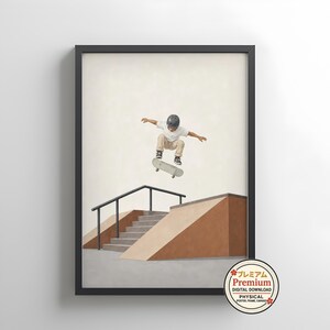 Peut inclure: Une impression d'art encadrée représentant un skateboarder portant un t-shirt blanc, un pantalon beige et un casque gris, sautant au-dessus d'une rampe de skate en béton avec des escaliers et une rampe noire. Un badge indique Premium Digital Download.