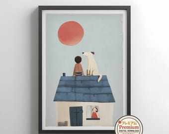 Sunrise Rooftop Poster, Digital Download, Kids and Pet Wall Art, Printable Nursery Decor, Minimalist Home Illustration, Instant Download