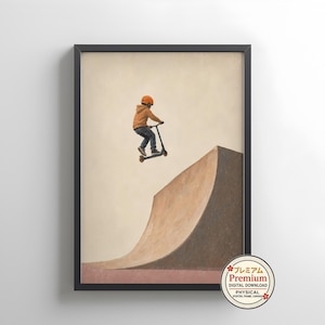 Scooter Kid Poster, Printable Wall Art, Digital Download Skate Ramp Art, Instant Download Kids Room Decor