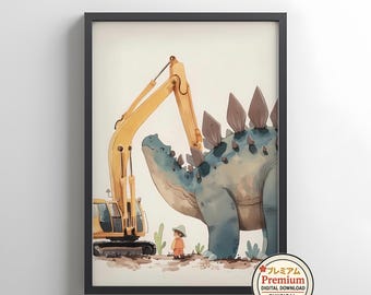 Stegosaurus Baustelle Poster, Kinder Dinosaurier Wandkunst, digitaler Download, Kinderzimmer Dekor, Baby Zimmer Kunst, druckbares Dino Thema