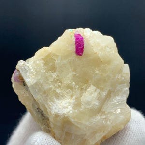 May include: A rough, off-white mineral specimen with a vibrant, hot pink crystal formation protruding from the surface. The crystal has a textured appearance, contrasting with the smoother base. The background is a dark, solid color.
