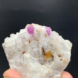 May include: A raw, uncut mineral specimen featuring a white matrix with two vibrant pink ruby crystals. The rough stone has a textured surface with small brown and yellow inclusions, set against a dark background.