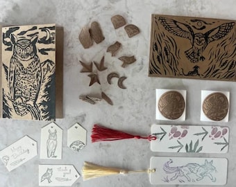 Owls and Forest Friends Card and Bookmark Set / Blockprint / Linocut / Handmade