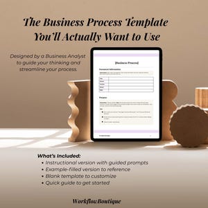Może przedstawiać: Tablet wyświetla szablon procesu biznesowego z jasnofioletowym nagłówkiem i tabelą. Tekst brzmi "Szablon procesu biznesowego, którego naprawdę będziesz chciał użyć". Tablet jest podparty drewnianymi kształtami dekoracyjnymi.